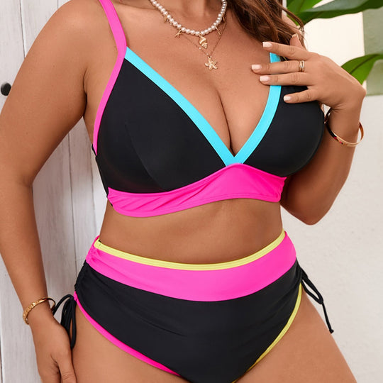 Damen Sportliches Bikini-Set mit hoch taillierten Höschen und modischem Farbkontrast EB