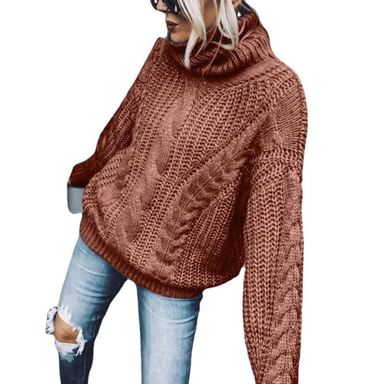 Damen nan Oversized Strickpullover mit grobem Zopfmuster und Rollkragen EB