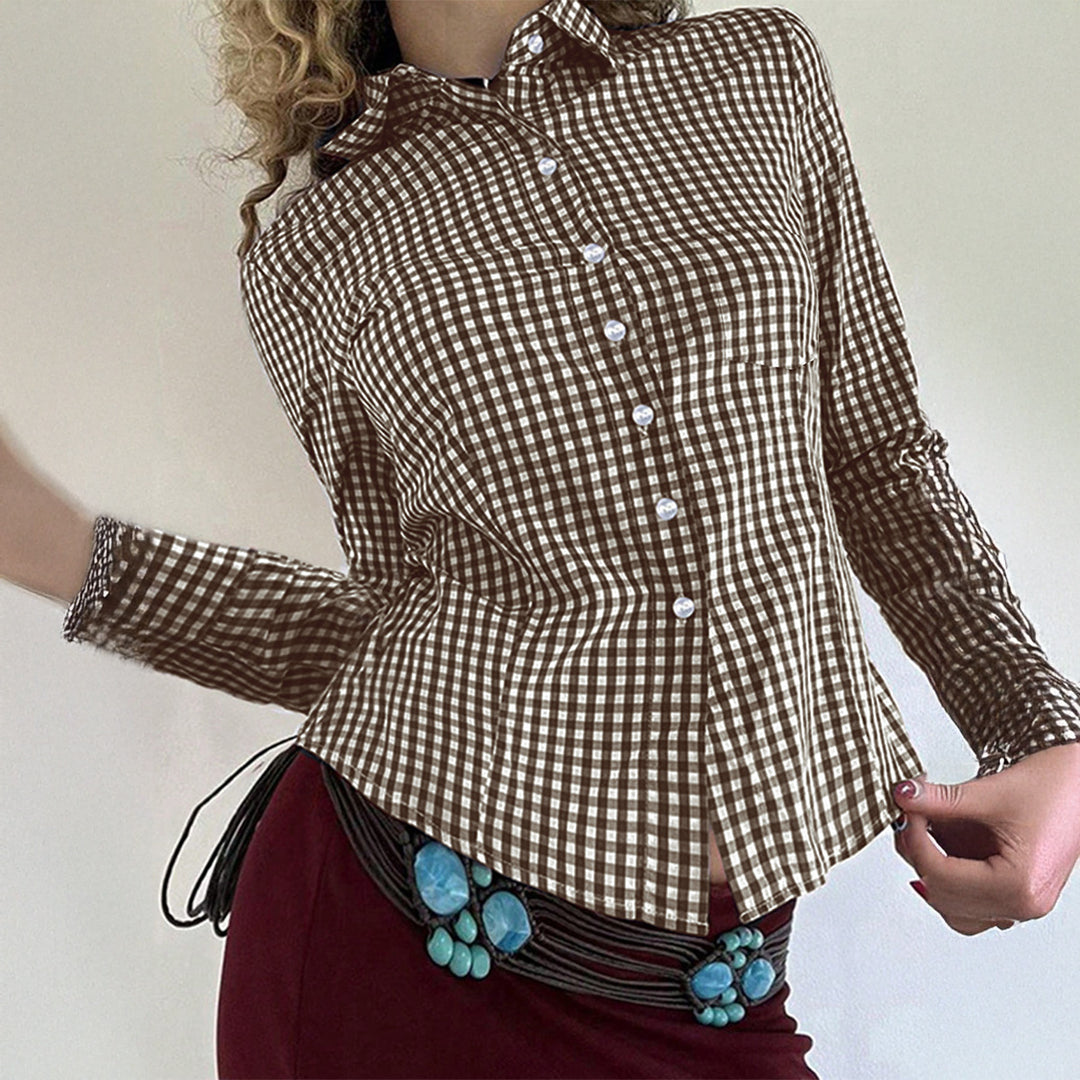 Damen nan taillierte Karobluse mit Hemdkragen, durchgehender Knopfleiste und geschwungenem Saum EB
