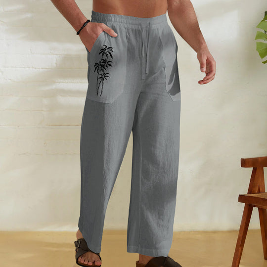 Herren Bequeme Leinenhose mit praktischem Kordelzug und Palmendruck EB
