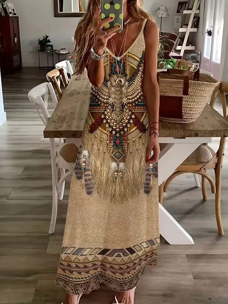 Damen Maxikleid mit künstlerischem tribal Design und fließendem Schnitt EB