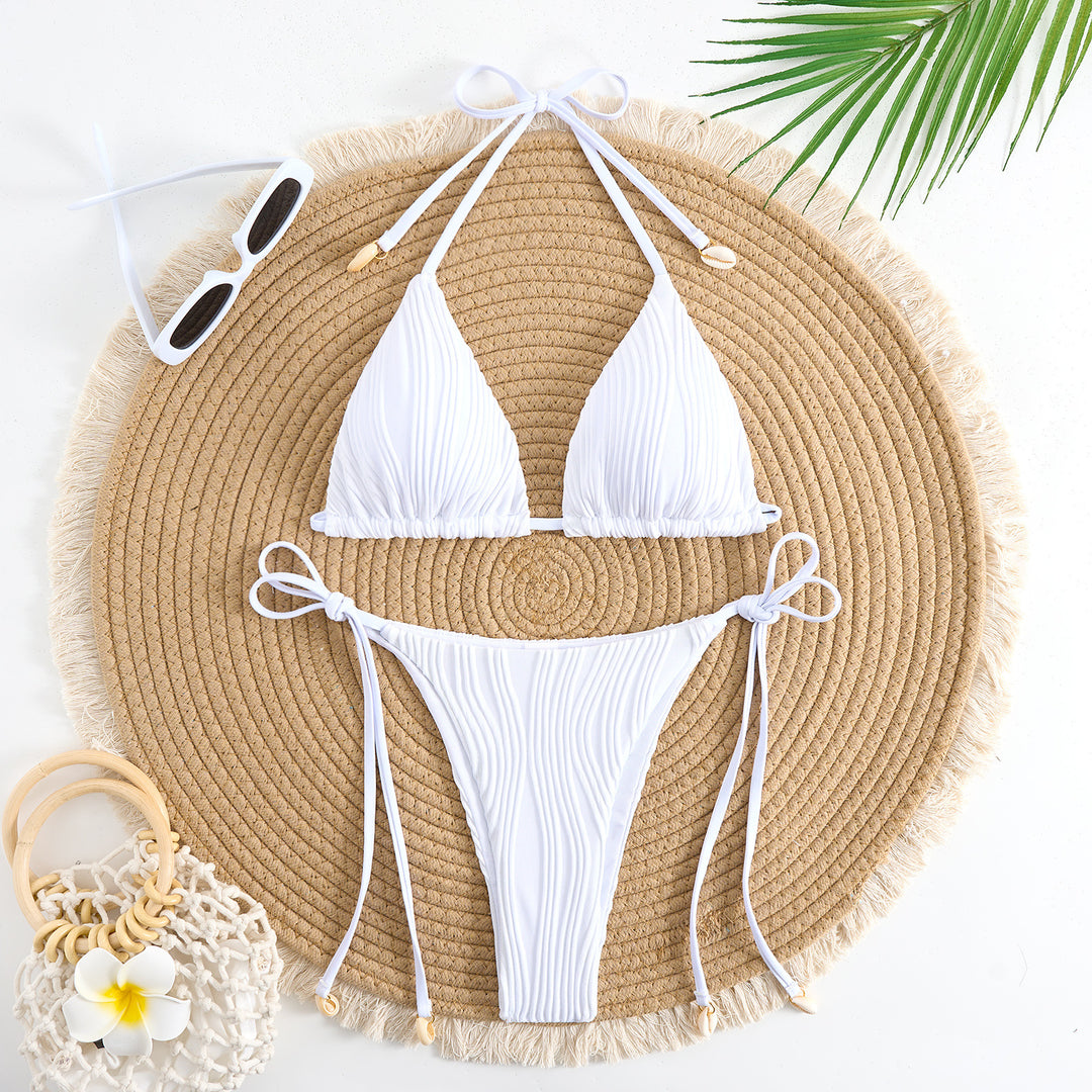 Damen Triangel-Bikini-Set mit verstellbaren Schnürdetails und gekräuseltem Design EB