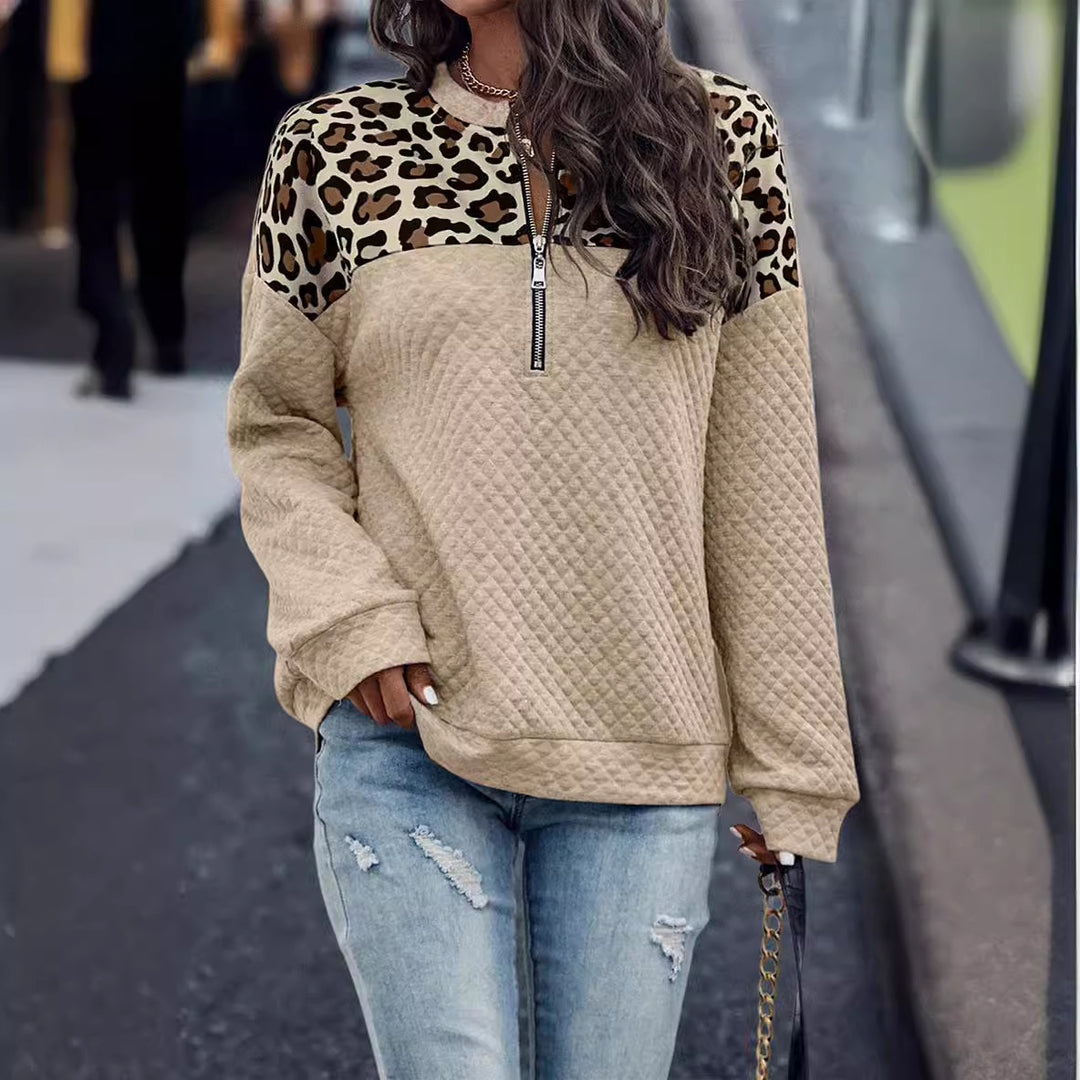 Damen lässiger Sweatpullover mit Tiermuster und Reißverschluss EB