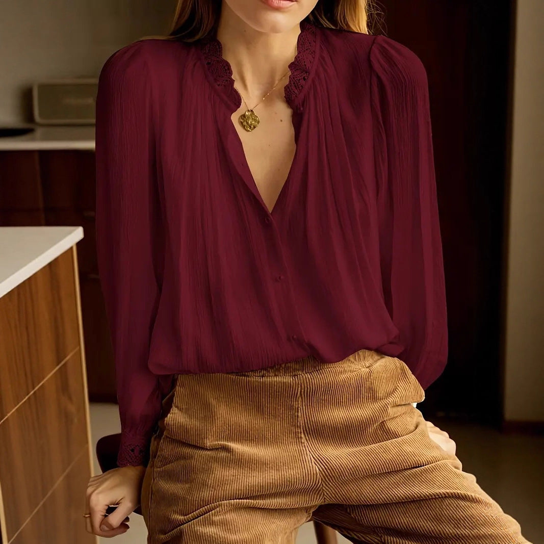 Damen Chiffonbluse mit romantischen Spitzenabschlüssen EB