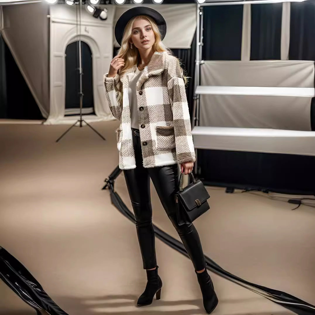 Damen Kuschelige Karojacke mit Druckknopfverschluss und Seitentaschen EB
