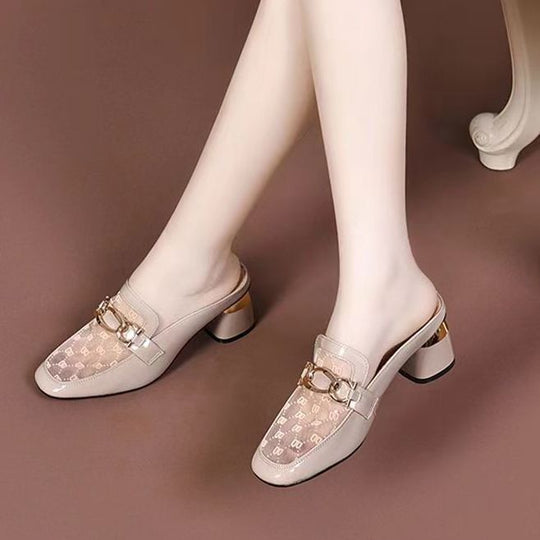 Damen elegante Mules mit transparentem Obermaterial und gildenen Akzenten EB