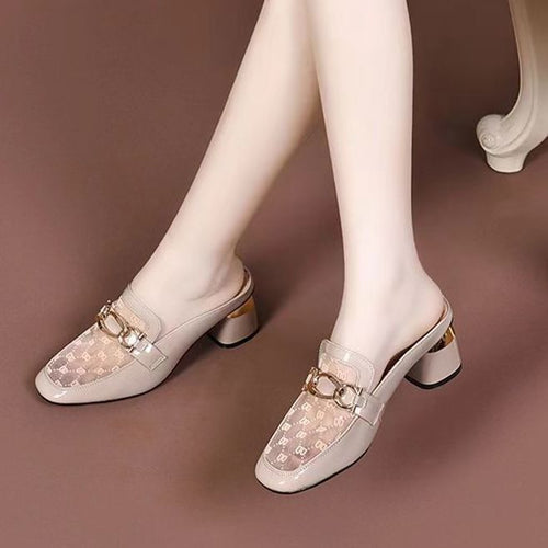 Damen elegante Mules mit transparentem Obermaterial und gildenen Akzenten EB