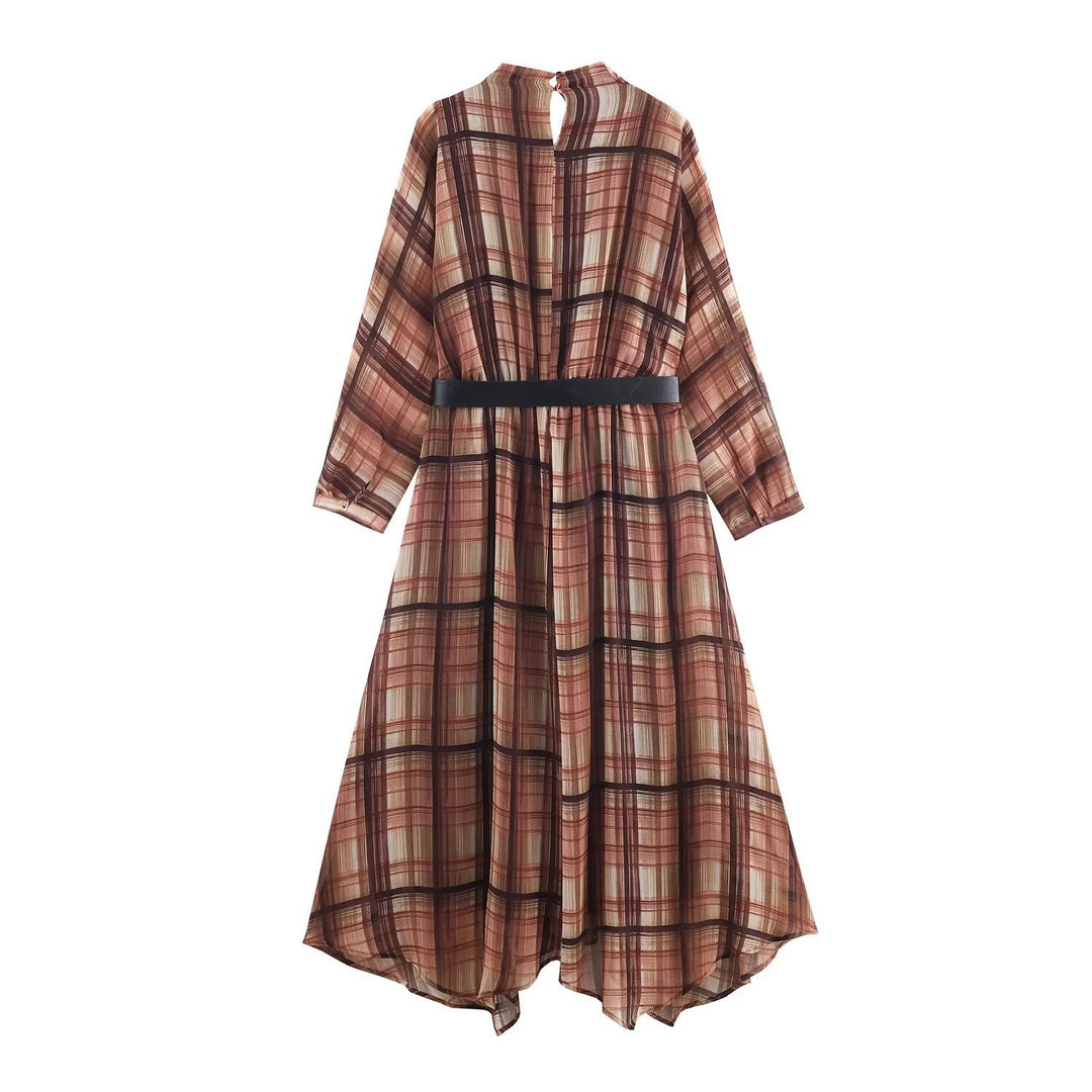 Damen Langarm Kleid im karierten Design mit asymmetrischem Saum und Bindegürtel EB