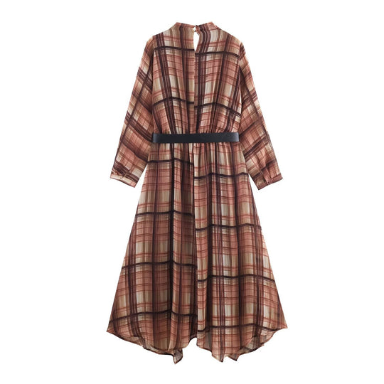 Damen Langarm Kleid im karierten Design mit asymmetrischem Saum und Bindegürtel EB