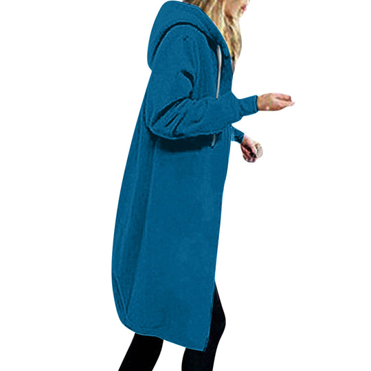Damen nan langer Oversize Kapuzenmantel mit gerundetem Saum und Reißverschlusstaschen EB