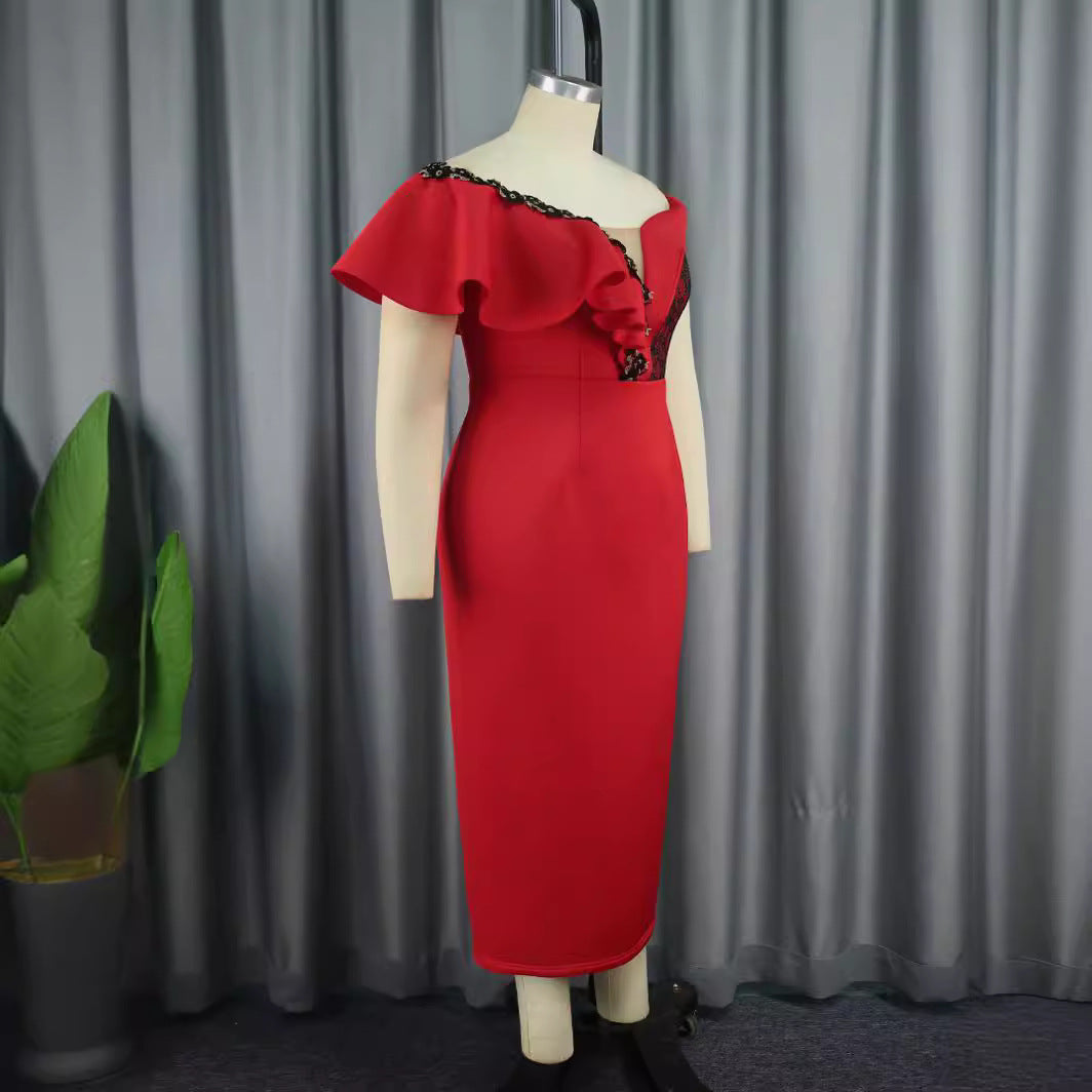 Damen Elegantes Figurbetontes Kleid mit asymmetrischem Design und Rüschendetails EB