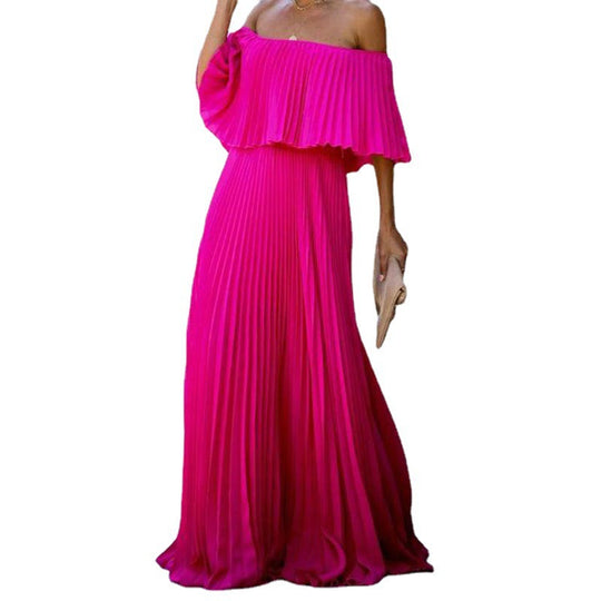 Damen Maxikleid mit asymmetrischem Plisseefall und schulterfreiem Design EB