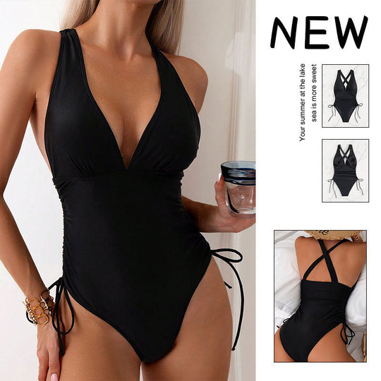 Damen einteiliger Badeanzug mit tiefem V-Ausschnitt und seitlichem Bindedesign EB