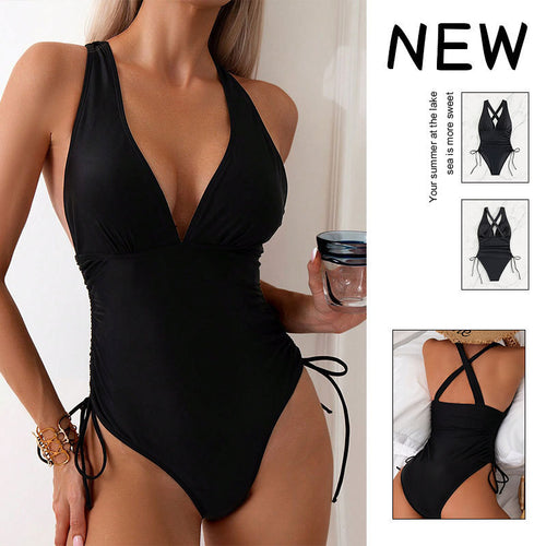 Damen einteiliger Badeanzug mit tiefem V-Ausschnitt und seitlichem Bindedesign EB