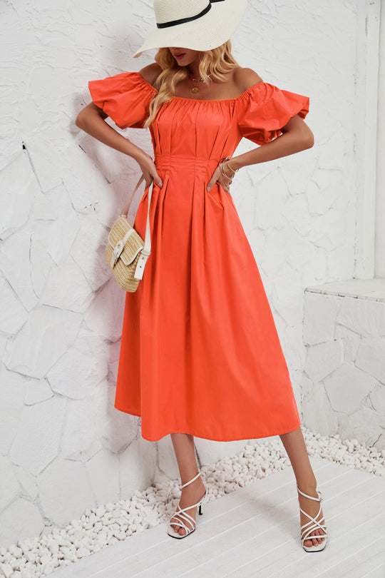 Damen Off-Shoulder Maxikleid mit voluminösen Puffärmeln und seitlichen Taschen EB