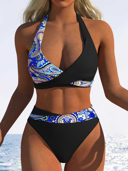 Damen Hoch geschnittenes Bikini-Set mit modischem Wickeloberteil und elastischem Bund EB