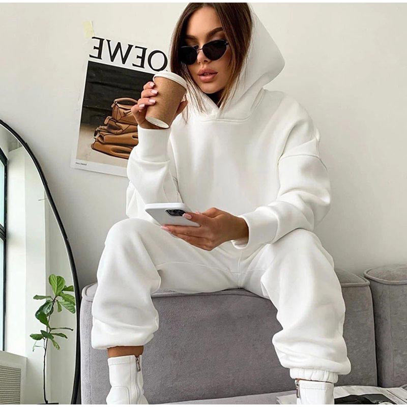 Damen nan kuscheliges Lounge-Set mit Kapuzenpullover und hoher Taillen-Jogginghose EB