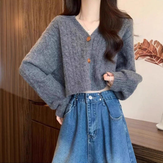 Damen kuscheliger Strickcardigan mit V-Ausschnitt und großen Knöpfen EB
