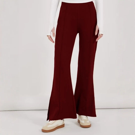 Damen weite Flared-Hose aus strukturiertem Material mit seitlichen Schlitzen EB