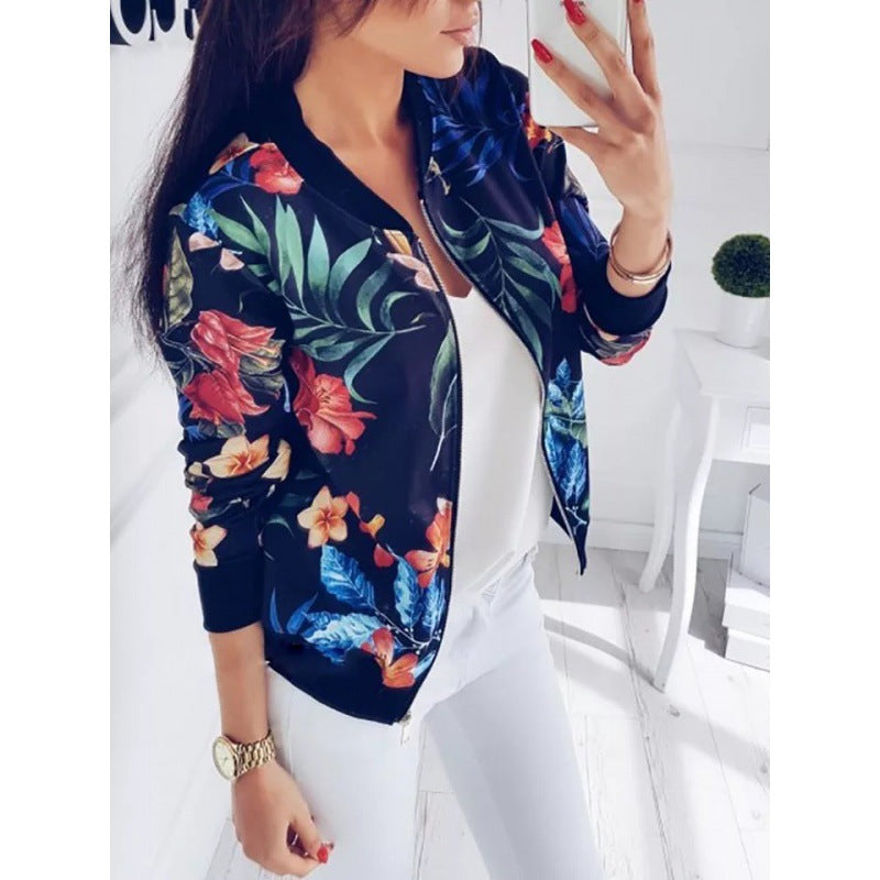 Damen Blousonjacke mit floralem Allover-Print, Reißverschluss und Rippbündchen EB