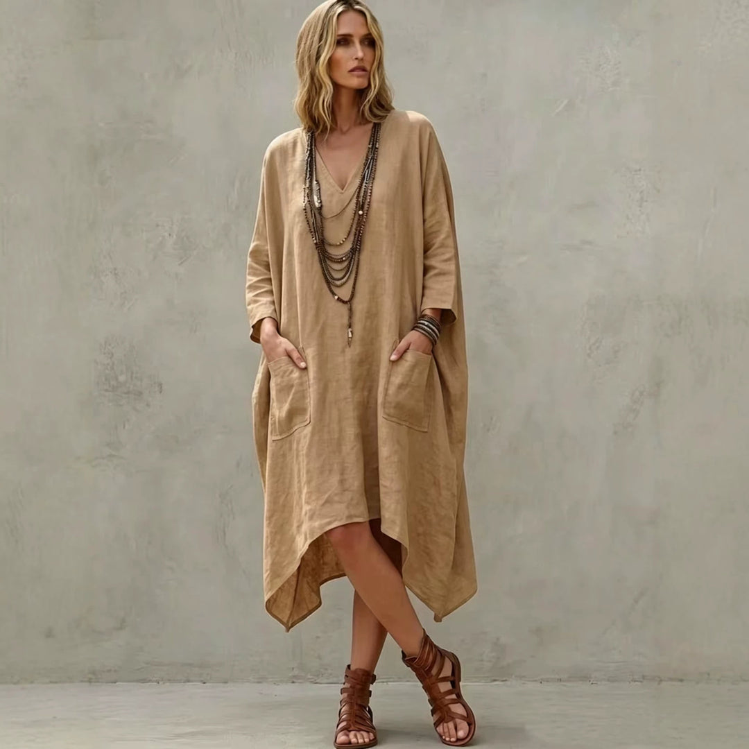 Damen nan Oversize Kaftankleid mit V-Ausschnitt, Eingrifftaschen und asymmetrischem Saum EB