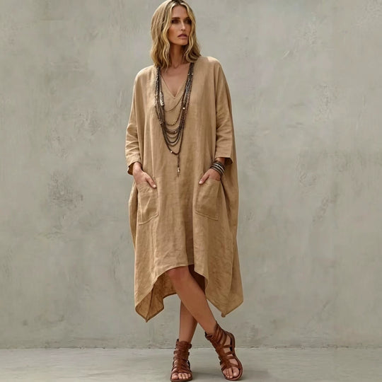 Damen nan Oversize Kaftankleid mit V-Ausschnitt, Eingrifftaschen und asymmetrischem Saum EB