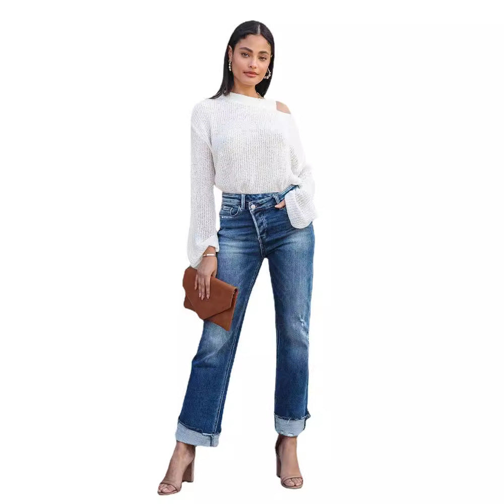 Damen lässige Flared Jeans mit modischen Fransen und hohem Bund EB