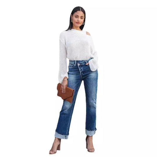 Damen lässige Flared Jeans mit modischen Fransen und hohem Bund EB