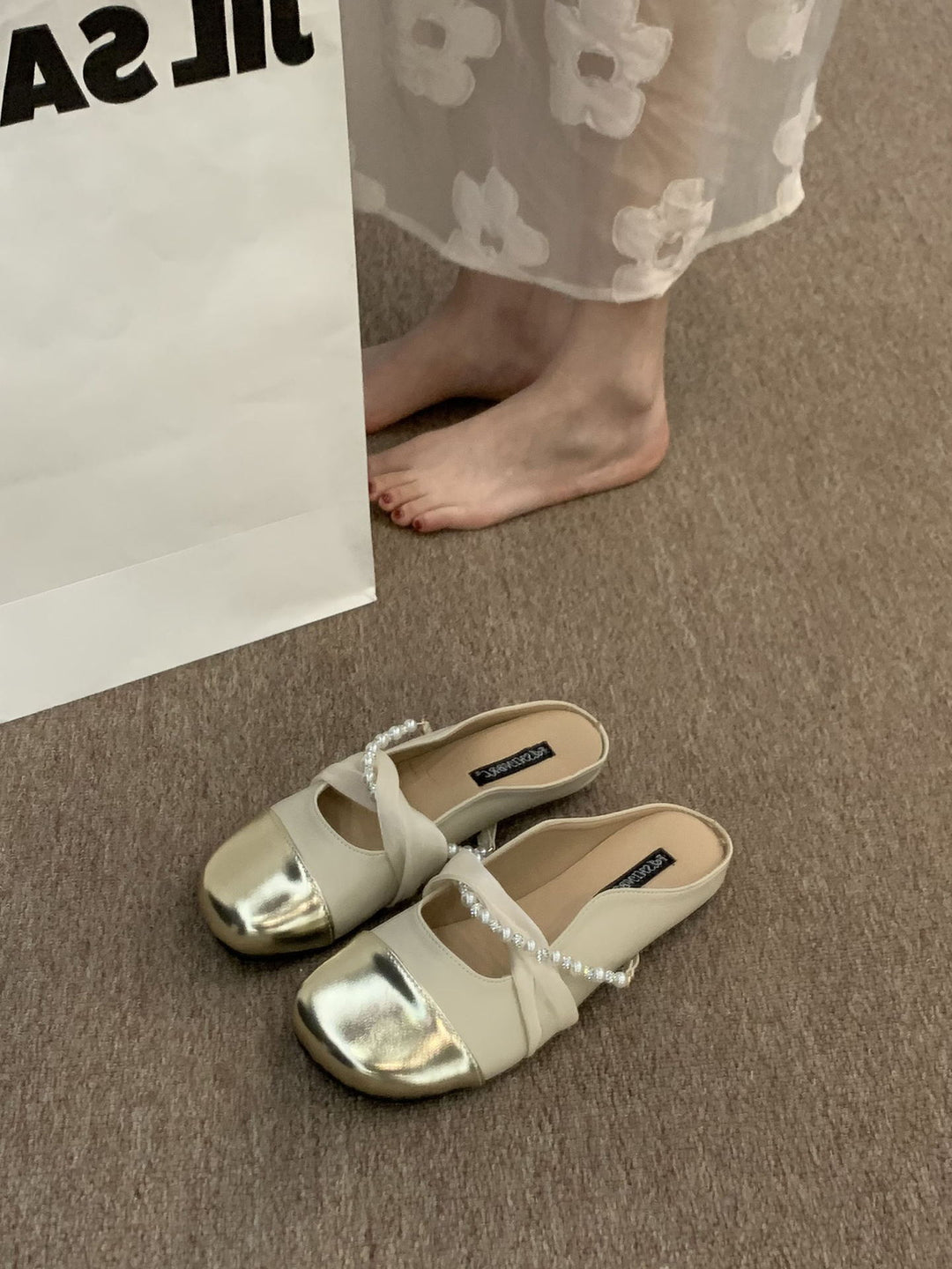 Damen Modische Ballerina-Pantoletten mit eleganter Perlenverzierung EB