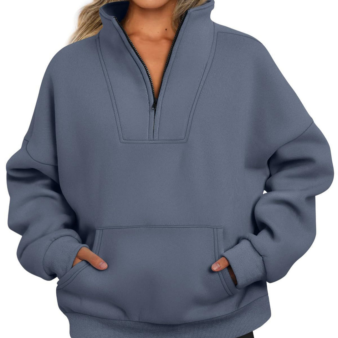 Damen nan oversized Halbzip-Hoodie mit hohem Stehkragen, Kängurutasche und gerippten Bündchen EB