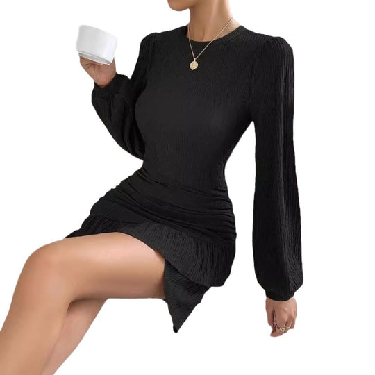 Damen figurbetontes Kleid mit Rüschensaum und langen Ärmeln EB