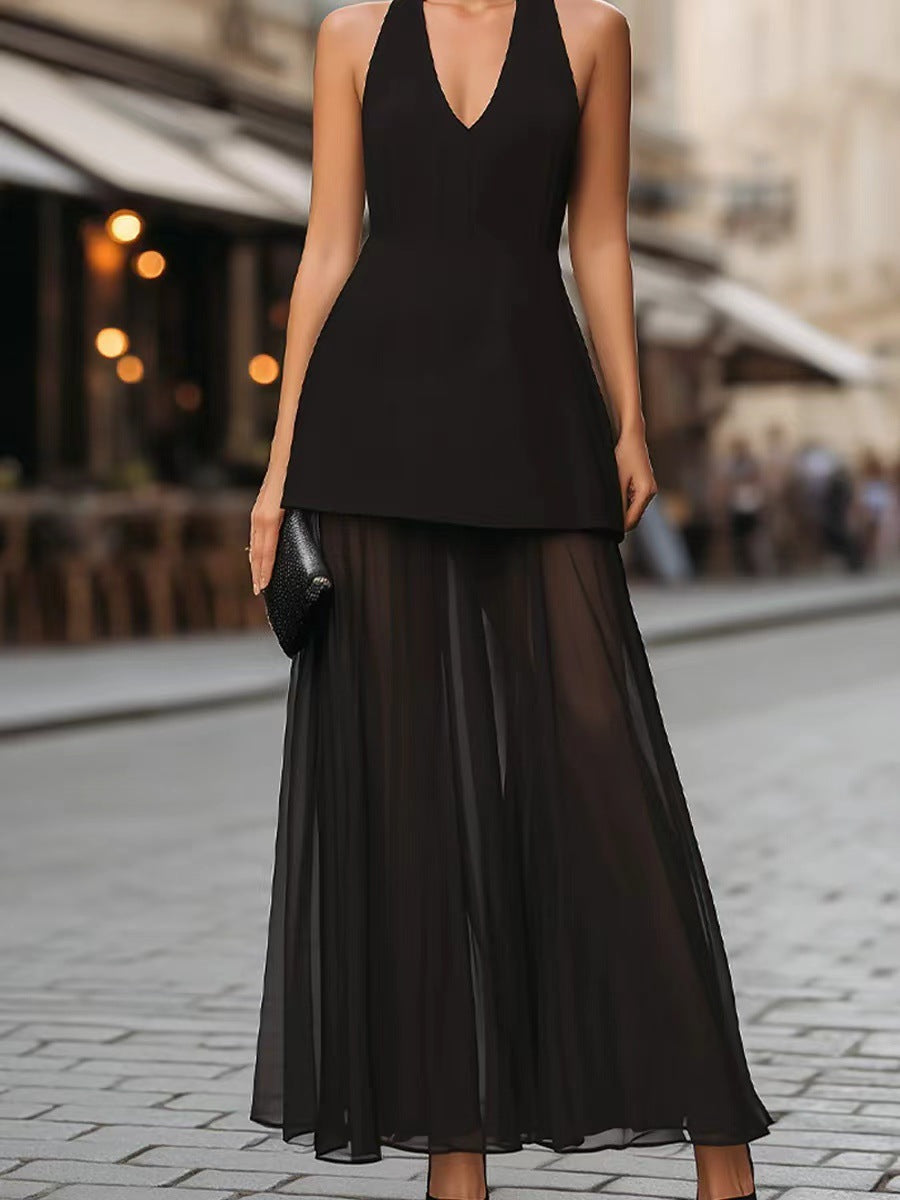 Damen Elegantes Maxikleid mit tiefem V-Ausschnitt und transparentem Überrock EB
