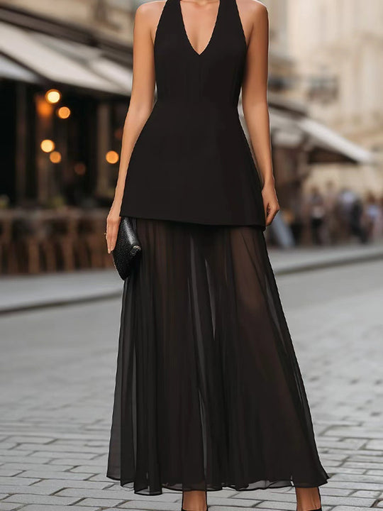 Damen Elegantes Maxikleid mit tiefem V-Ausschnitt und transparentem Überrock EB