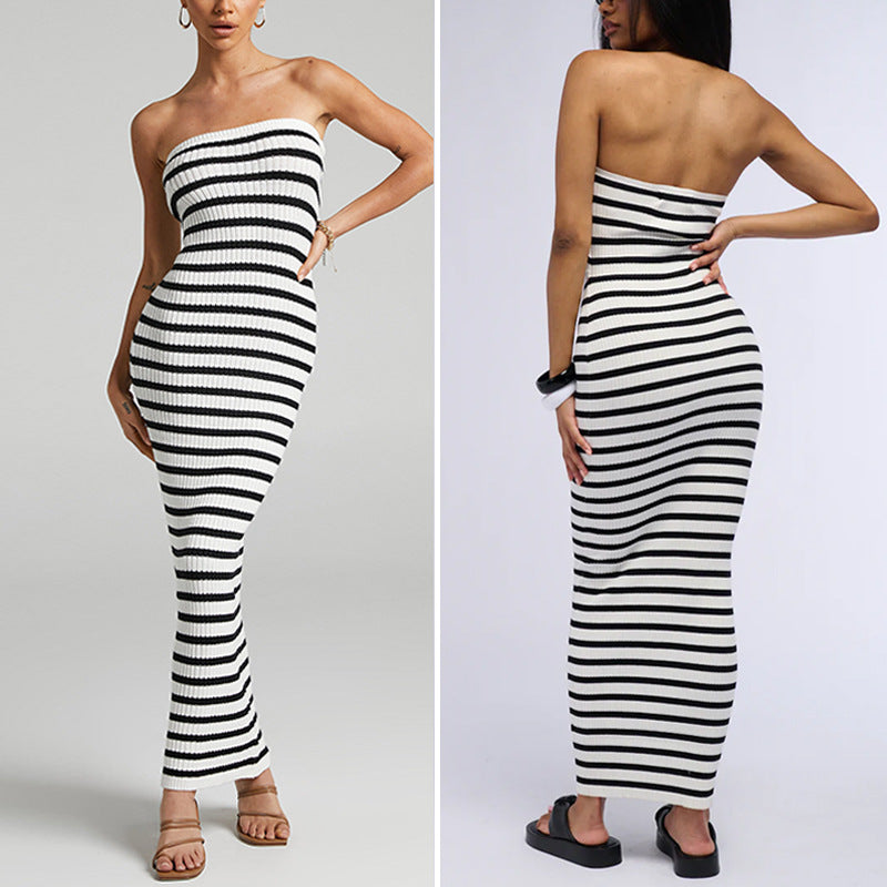 Damen Maxikleid mit Rippstrick und schulterfreiem Design EB