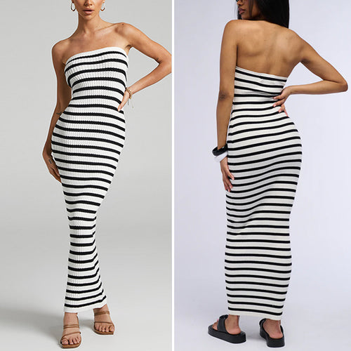 Damen Maxikleid mit Rippstrick und schulterfreiem Design EB