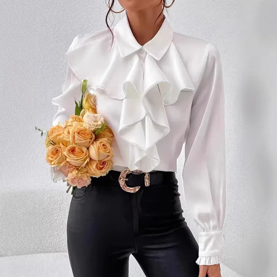 Damen Elegante Rüschenbluse mit Volants, Hemdkragen und Manschetten EB