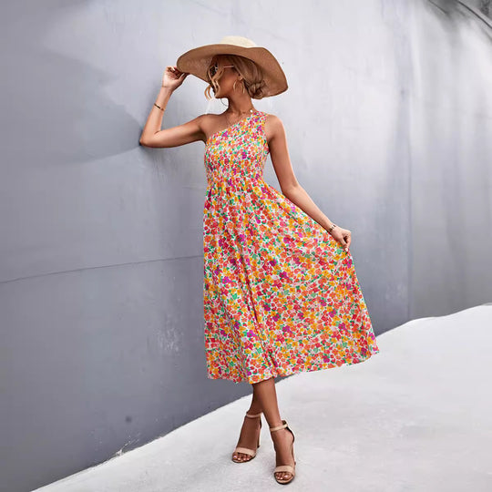 Damen Maxikleid mit asymmetrischem Trägerdesign und floralem Allover-Muster EB