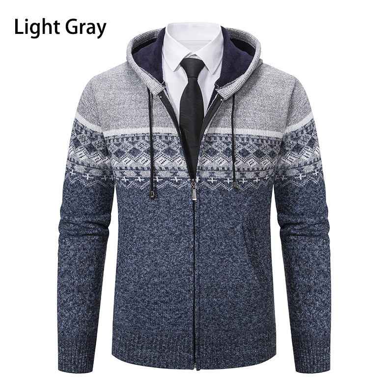 Herren stilvolle Strickjacke mit Kapuze und Norweger-Muster EB