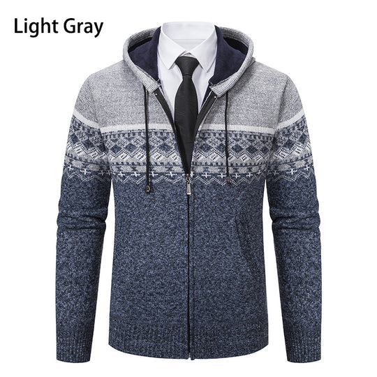 Herren stilvolle Strickjacke mit Kapuze und Norweger-Muster EB