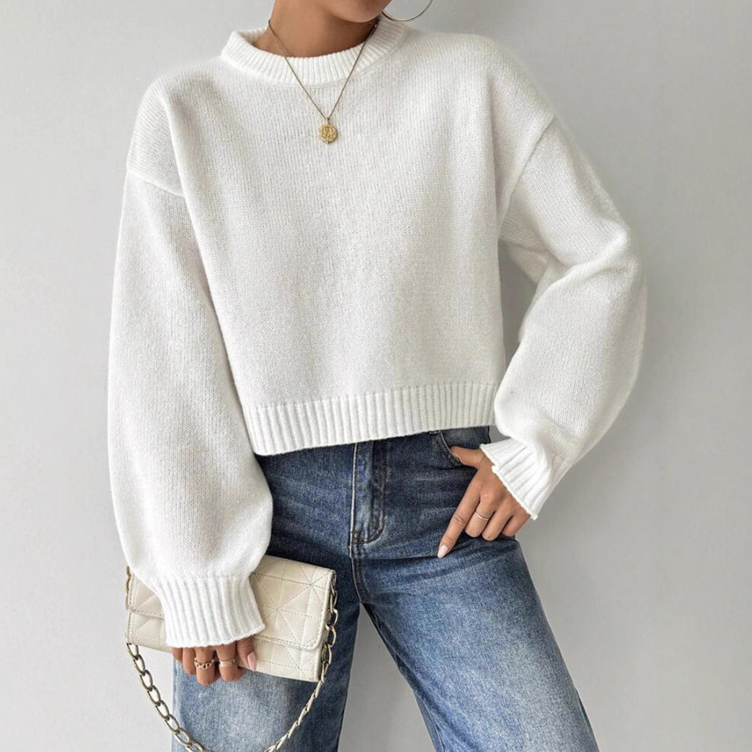 Damen Kurz-Cropped Pullover aus feinem Strick mit Ballonärmeln und geripptem Bund EB