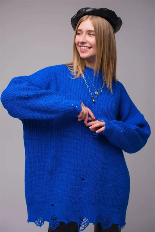 Damen Oversized Strickpullover mit einzigartigem Lochmuster und Rippenstruktur EB
