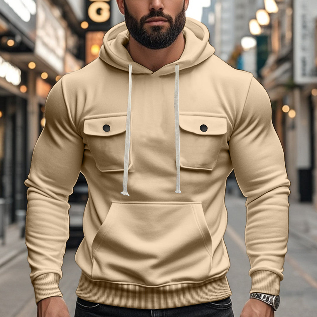 Herren nan sportiver Kapuzenpullover mit aufgesetzten Klappentaschen, Kängurutasche und schmalem Saum EB
