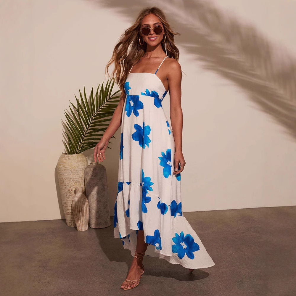 Damen Maxikleid mit dekorativen Blumenmustern und elegantem Rüschenabschluss EB