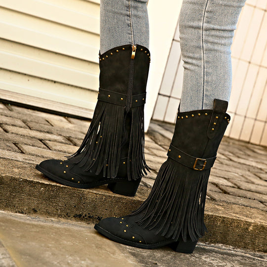 Damen nan Westernstiefel mit Fransen Nieten und Schnallenriemen EB