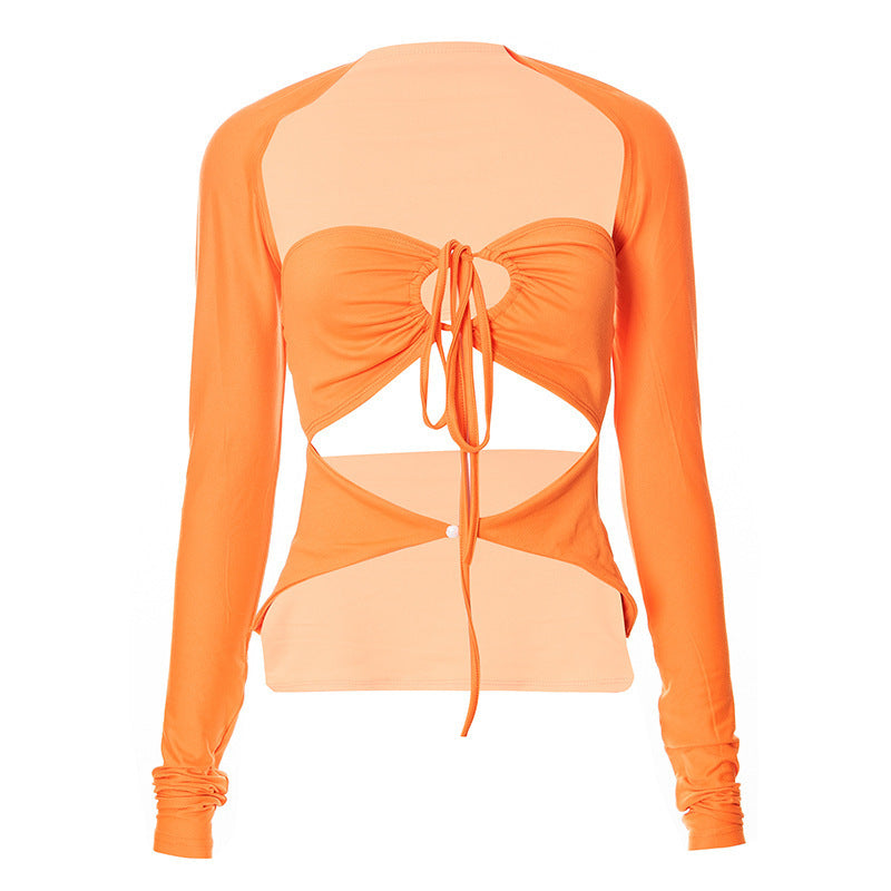 Damen Langarm-Trägershirt mit kreativem Cut-out und eleganter Wickeloptik EB