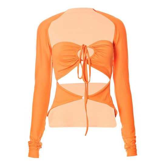 Damen Langarm-Trägershirt mit kreativem Cut-out und eleganter Wickeloptik EB