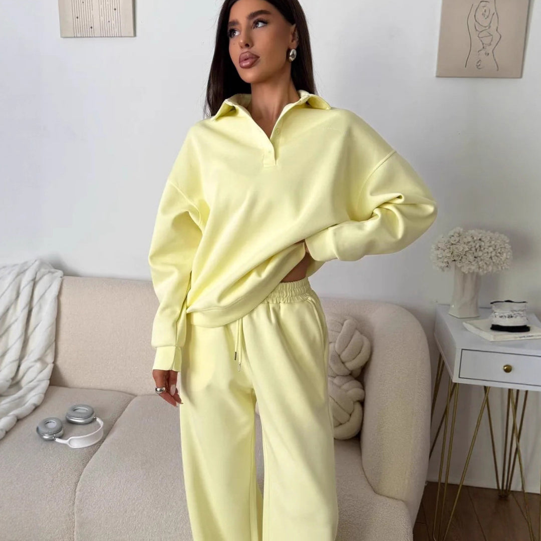 Damen weites Polo-Lounge-Set mit elastischem Tunnelzugbund und Wide‑Leg-Jogginghose Eichborn Berlin
