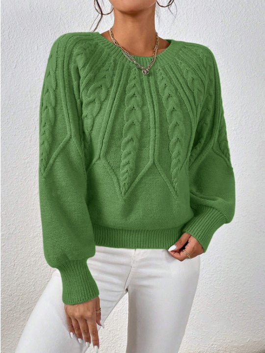 Damen nan kurzer Zopfmuster-Strickpullover mit Ballonärmeln und geripptem Saum EB