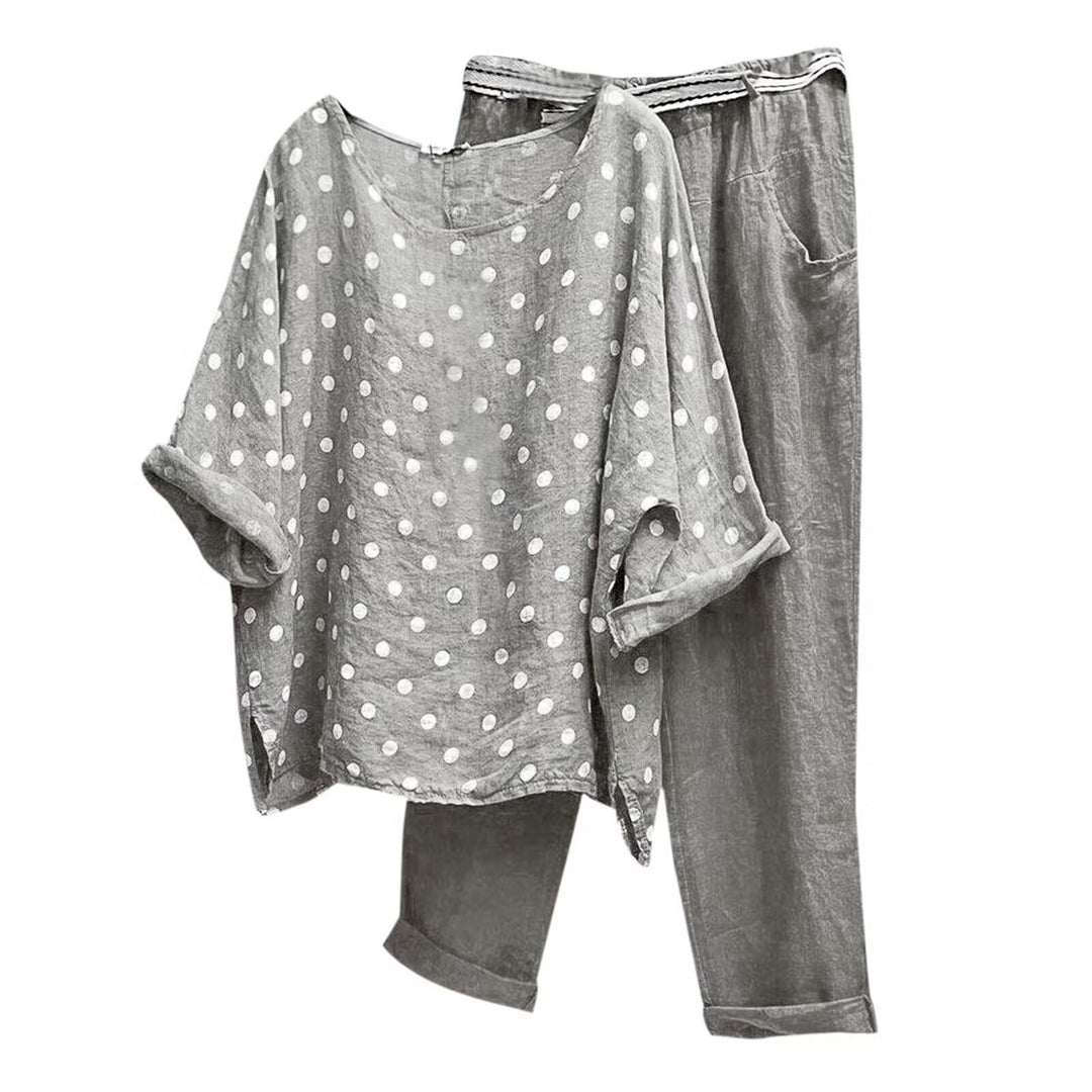 Damen nan komfortables Leinen-Freizeitset mit weiter Tunika, Pünktchenmuster und elastischer Bundhose EB