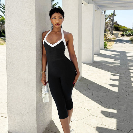 Damen eleganter, figurbetonter Jumpsuit mit V-Ausschnitt und raffinierter Schnürung EB